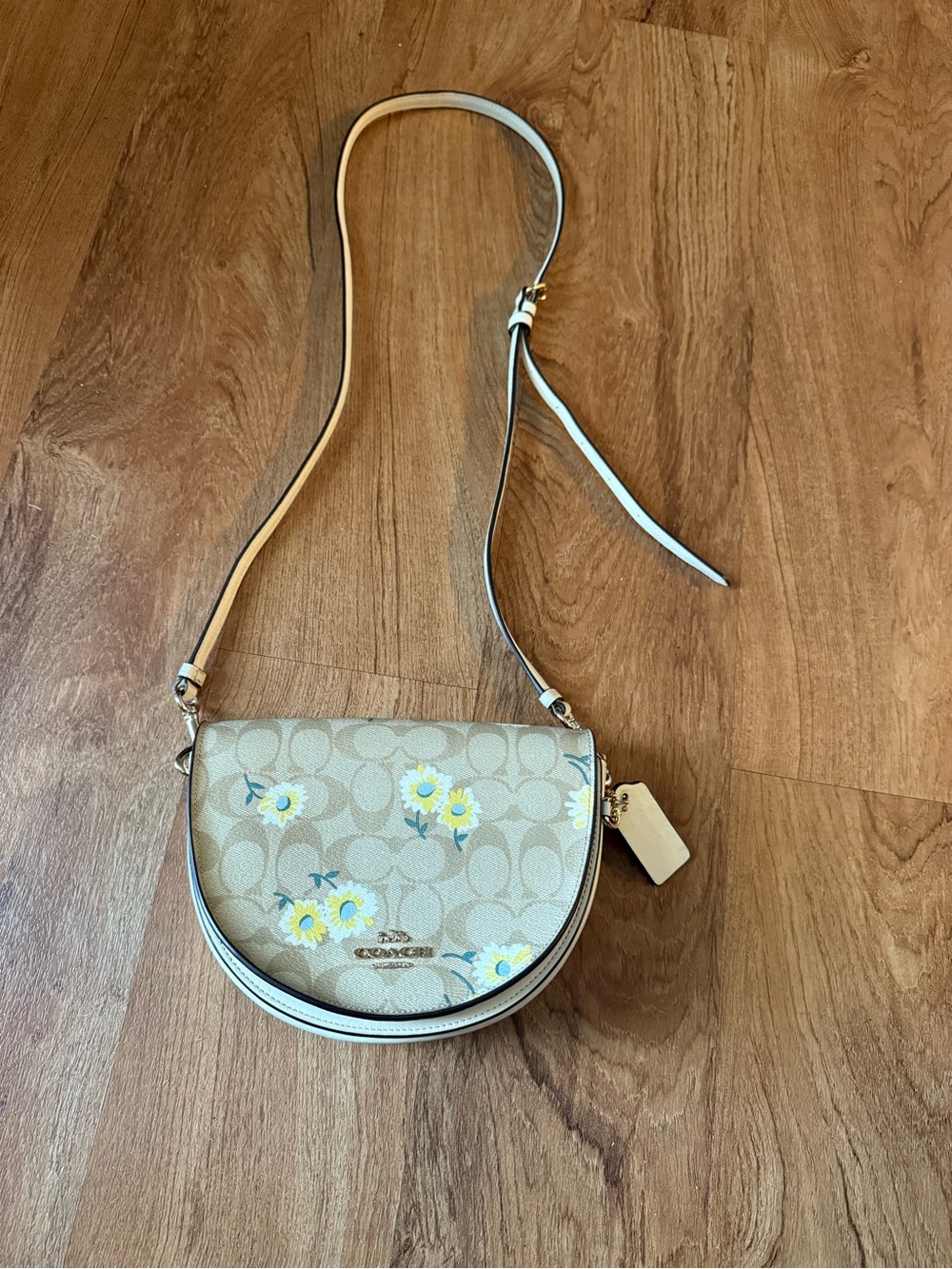 Coach Beige Signature Floral Saddle Crossbody